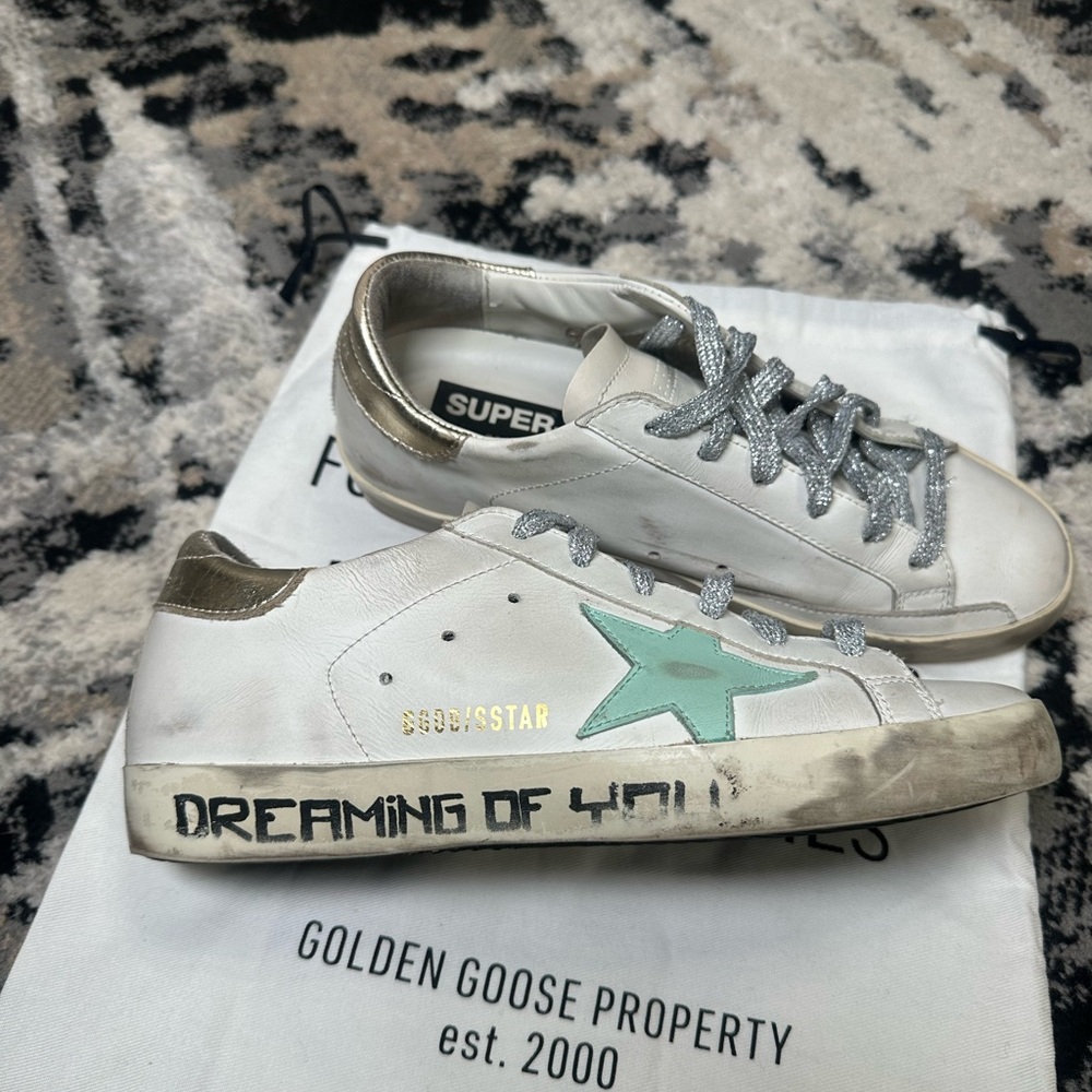 Golden Goose Super Star Sneakers with Mint Green Star and Silver/Gold Accents 7 - Picture 4 of 15